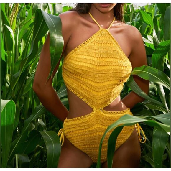 NWT Wet Swimwear Crochet One Piece Swimsuit Cut-Out Waist Saffron Women's S - Picture 1 of 6